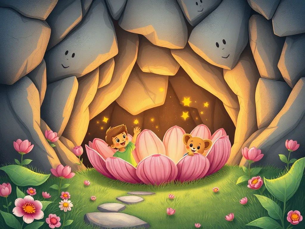The Petal-Breathing Dragon's Song - Magical petal barrier protecting friends from shifting stones