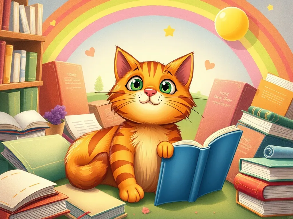 The Phoenix Who Found Her Sparkle - Books scattered around surprised rainbow cat