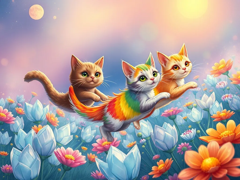 The Phoenix Who Found Her Voice - Rainbow Cats gliding through crystal flower field