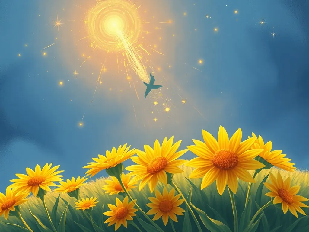The Phoenix Who Found Her Voice - Sparkle soaring above sleeping sun-flowers