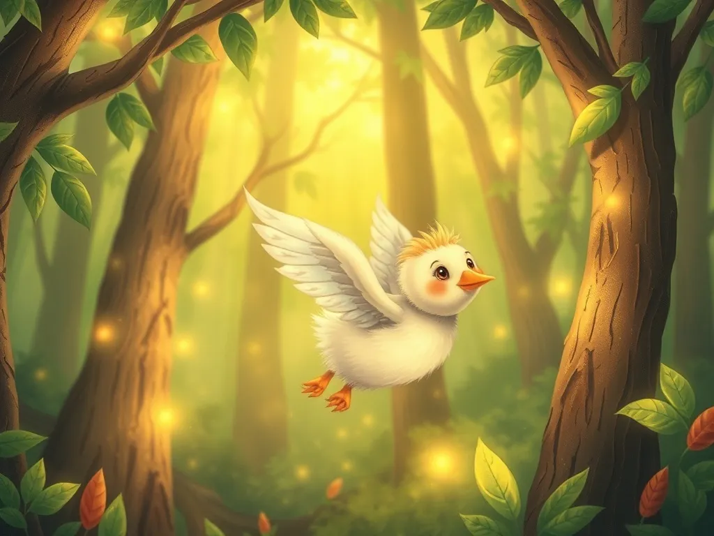 The Phoenix Who Found Her Wings - Pip flying through forest, feathers glowing brightly