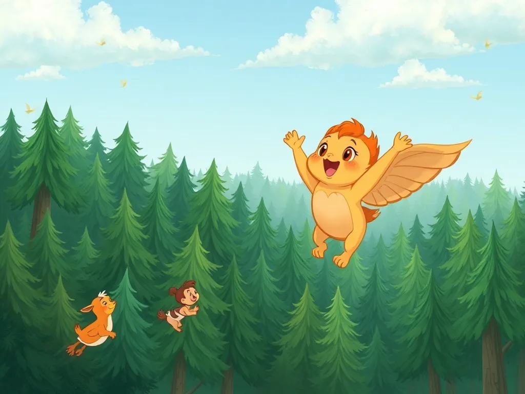 The Phoenix Who Found Her Wings - Pip soaring confidently above forest with friends cheering