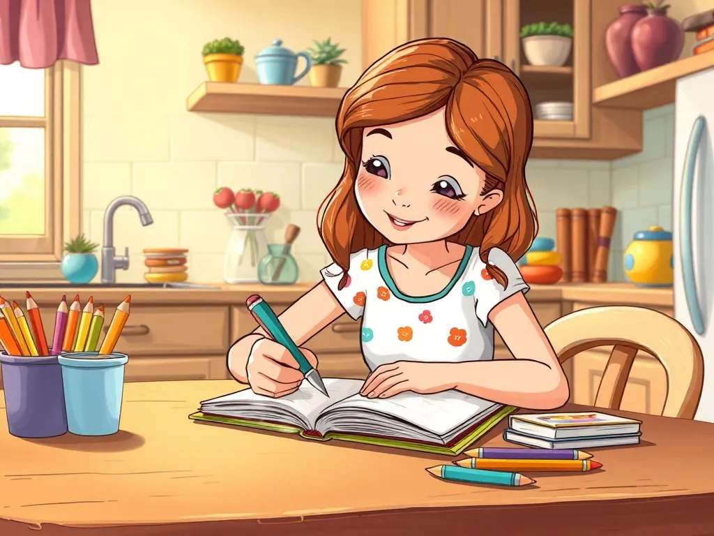 The Promise Corner - Maya writing in rainbow notebook at kitchen table