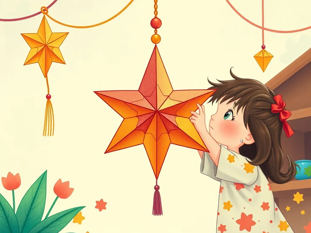 The Promise Corner - Maya carefully hanging colorful origami star mobile