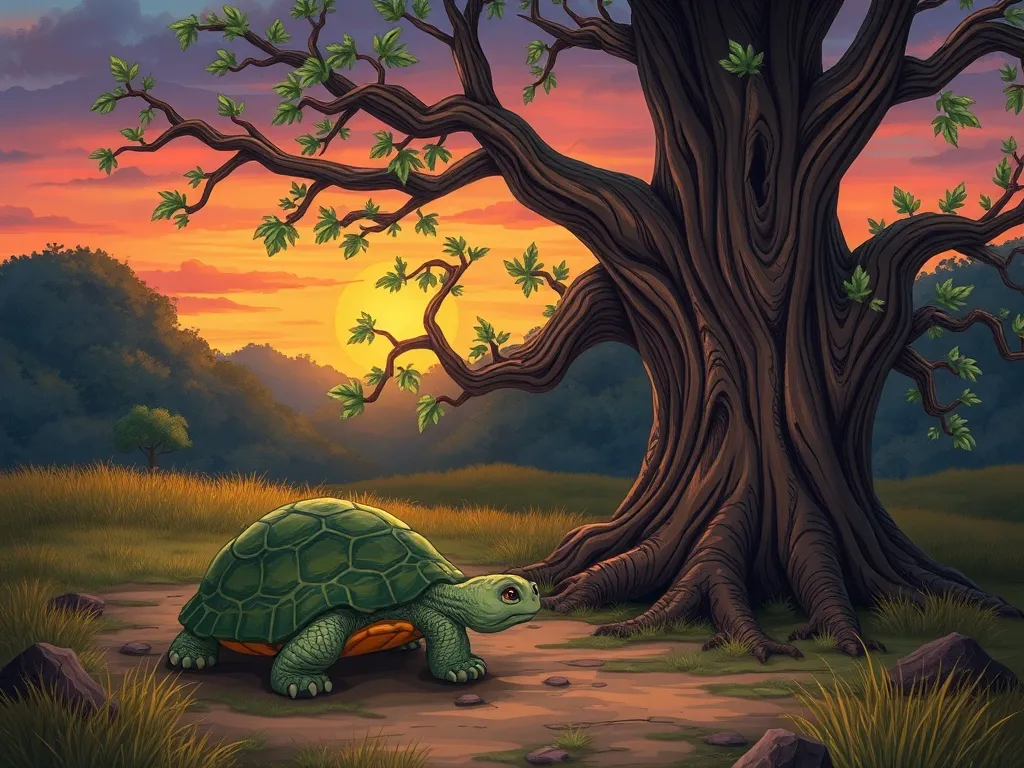 The Promise Keeper of Pine Creek - Exhausted turtle beside troubled oak tree at dusk