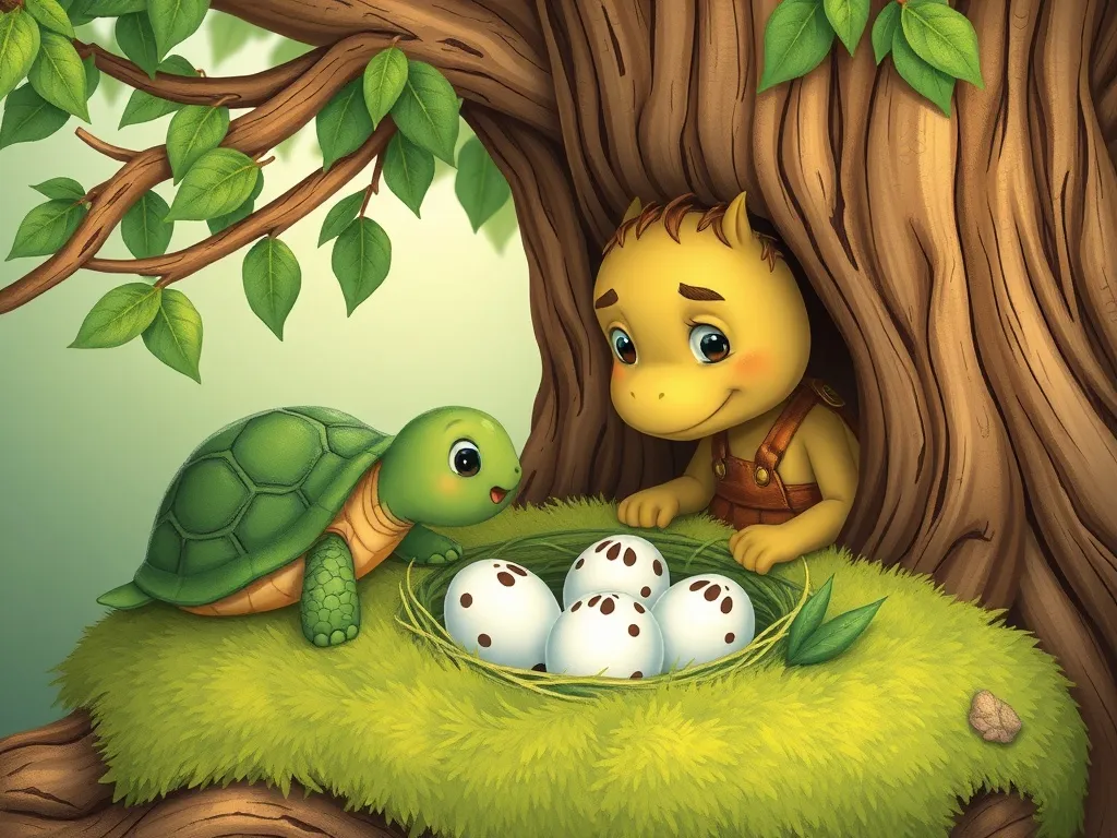 The Promise Keeper of Pine Creek - Turtle and oak carefully tending eggs in mossy nest
