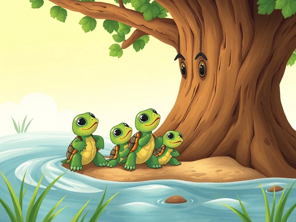 The Promise Keeper of Pine Creek - Three tiny turtles hatching while oak watches proudly