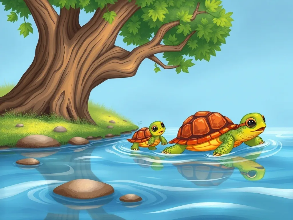 The Promise Keeper of Pine Creek - Turtle family heading downstream while oak waves goodbye