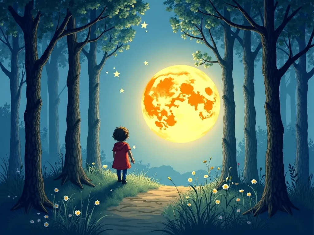 The Question in the Sparklewood - Luna emerging from misty pines, starlight in eyes