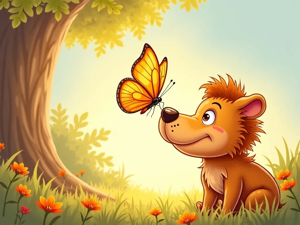 The Quiet Question-Keeper - Golden butterfly landing on surprised Pip's nose