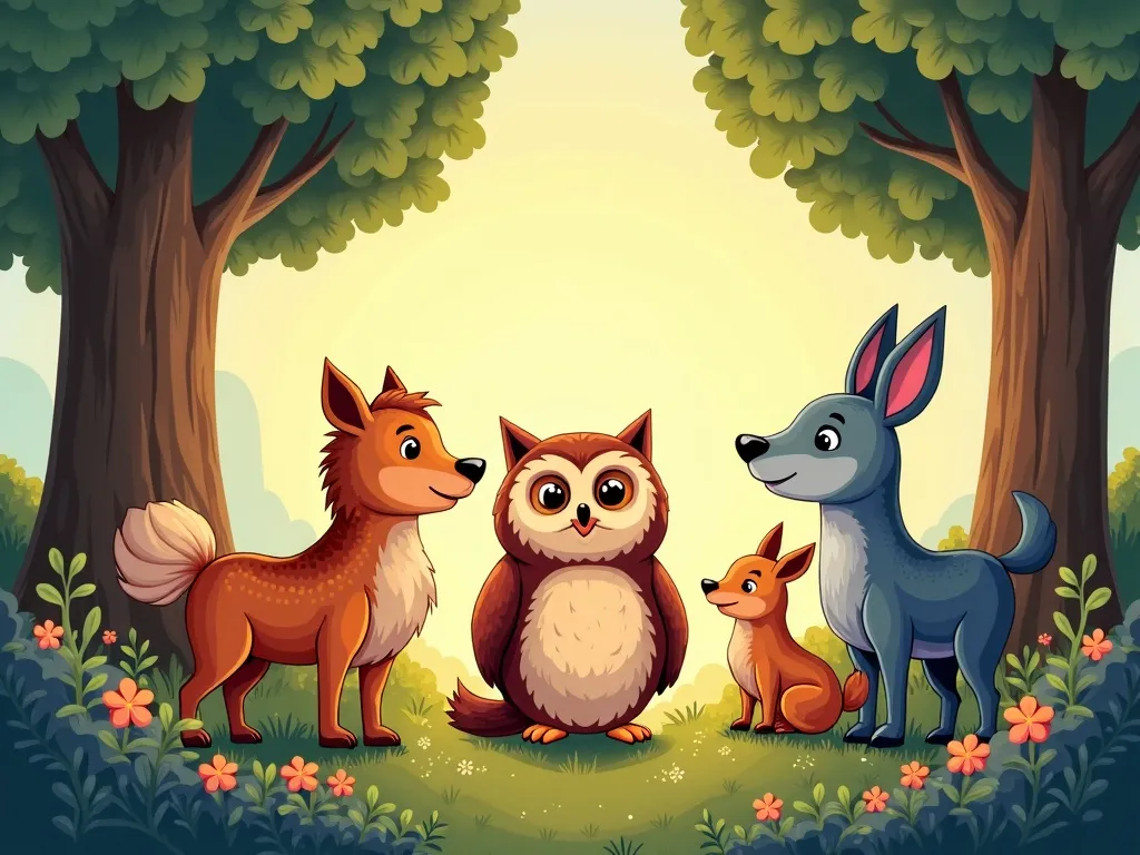 The Quiet Question-Keeper - Animals gathered around wise owl in clearing