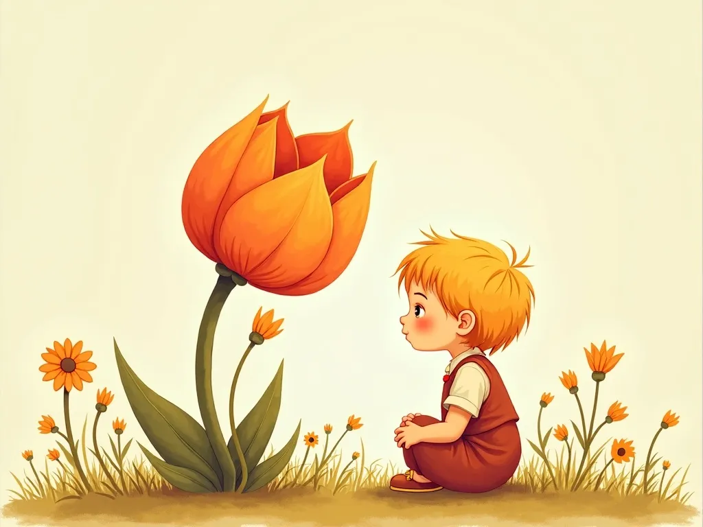 The Quiet Question-Keeper - Pip kneeling beside wilting flower, speaking softly