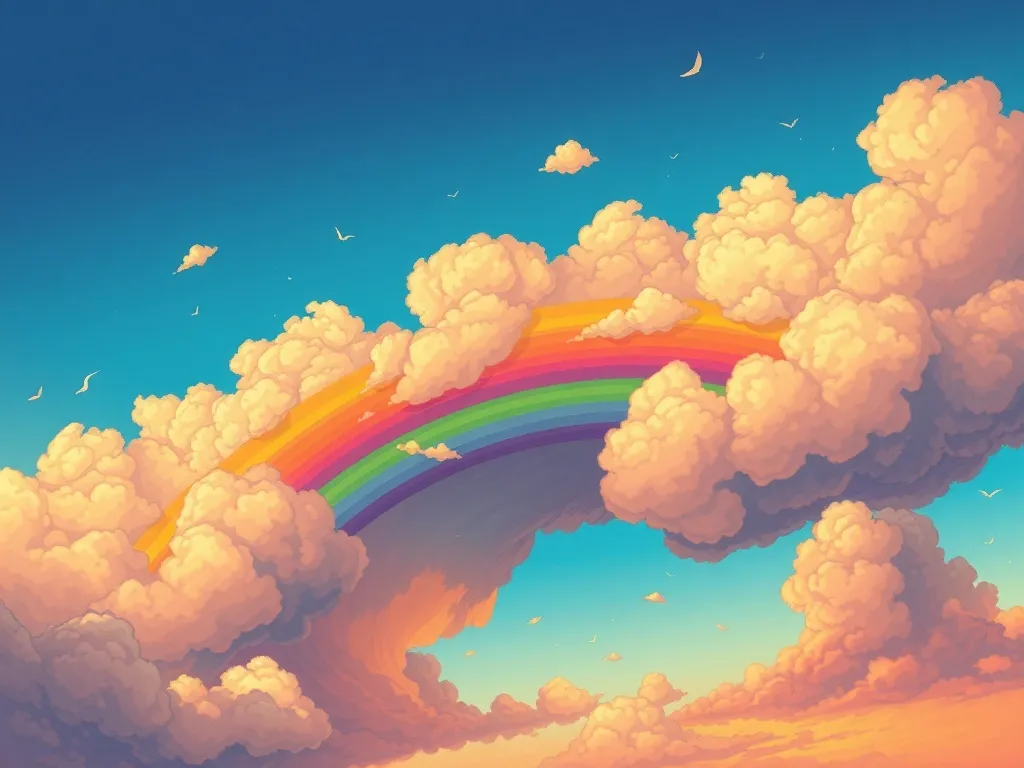 The Rainbow Bridge Between Giants - Chaotic rainbow clouds spreading across sky