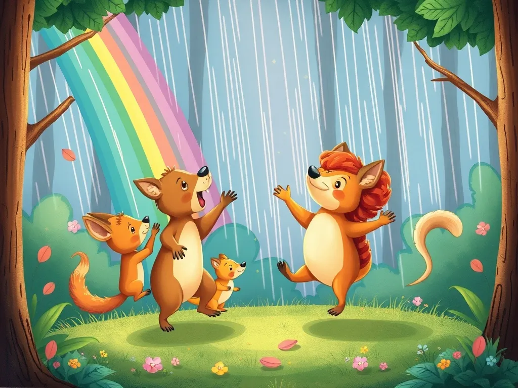 The Rainbow Bridge Between Giants - Forest animals dancing in rainbow rain