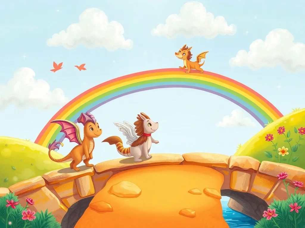 The Rainbow Bridge Between Giants - Magical creatures crossing rainbow bridge