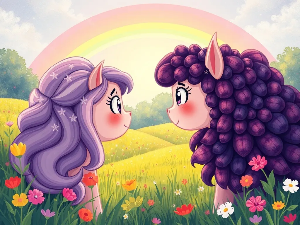 The Rainbow Bridge Choice - Shimmer and Bramble facing each other in rainbow meadow