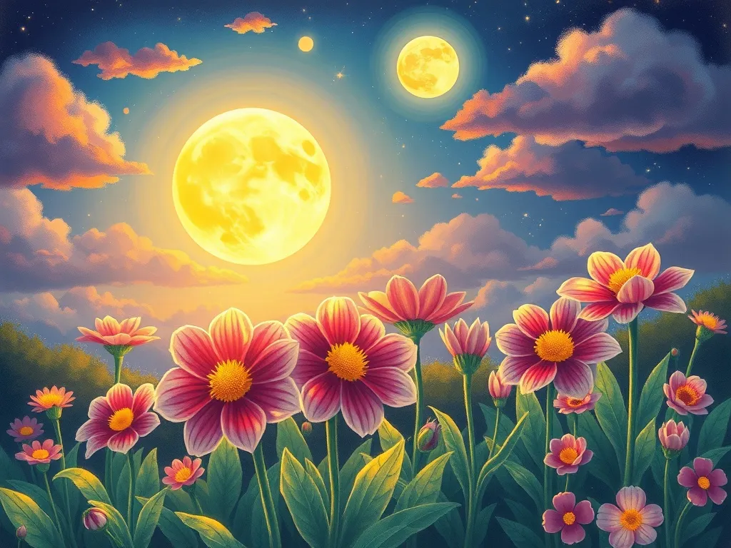 The Rainbow Bridge Choice - Rainbow moonflowers blooming with combined magical light at sunset