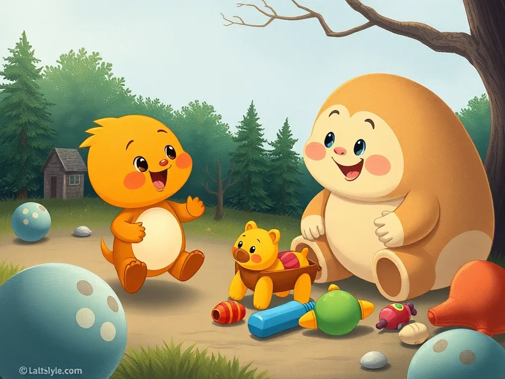 The Rainbow Bridge Guardian - Waddles and Boulder collecting forgotten toys