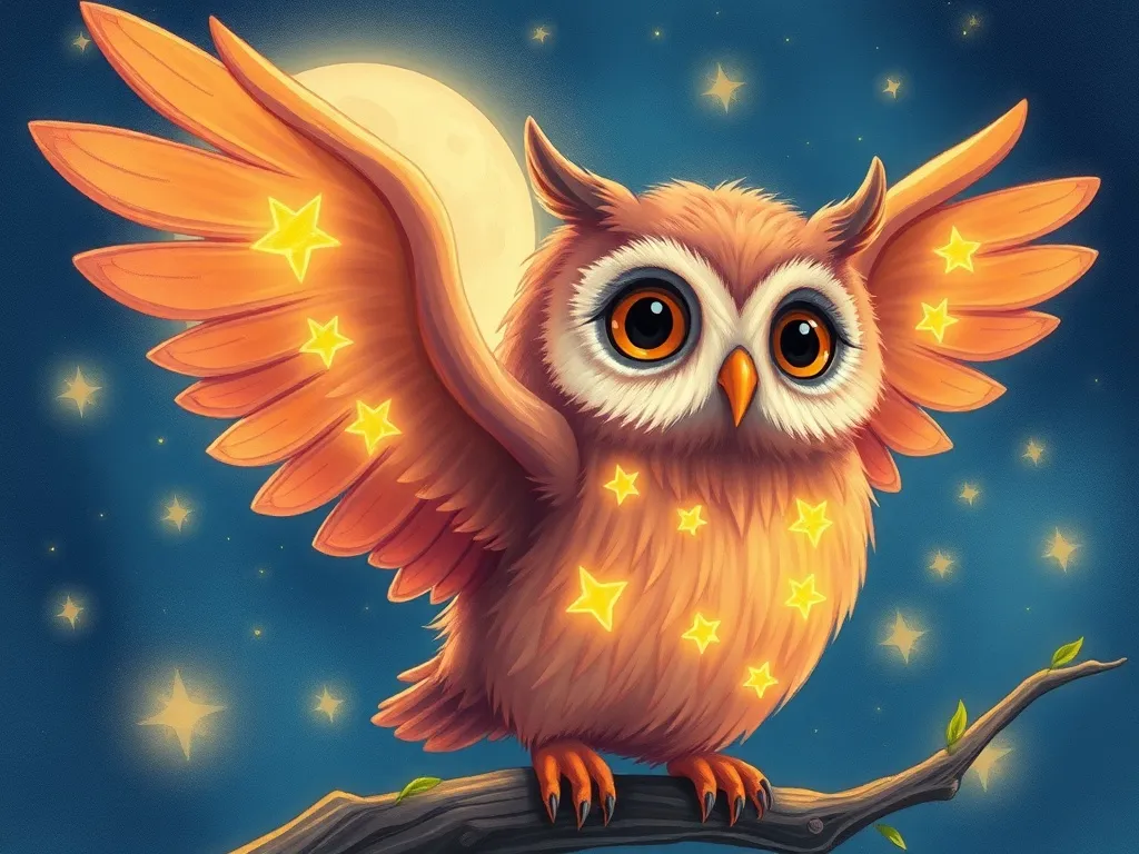 The Rainbow Bridge of Questions - Luna the owl appearing with starlit feathers