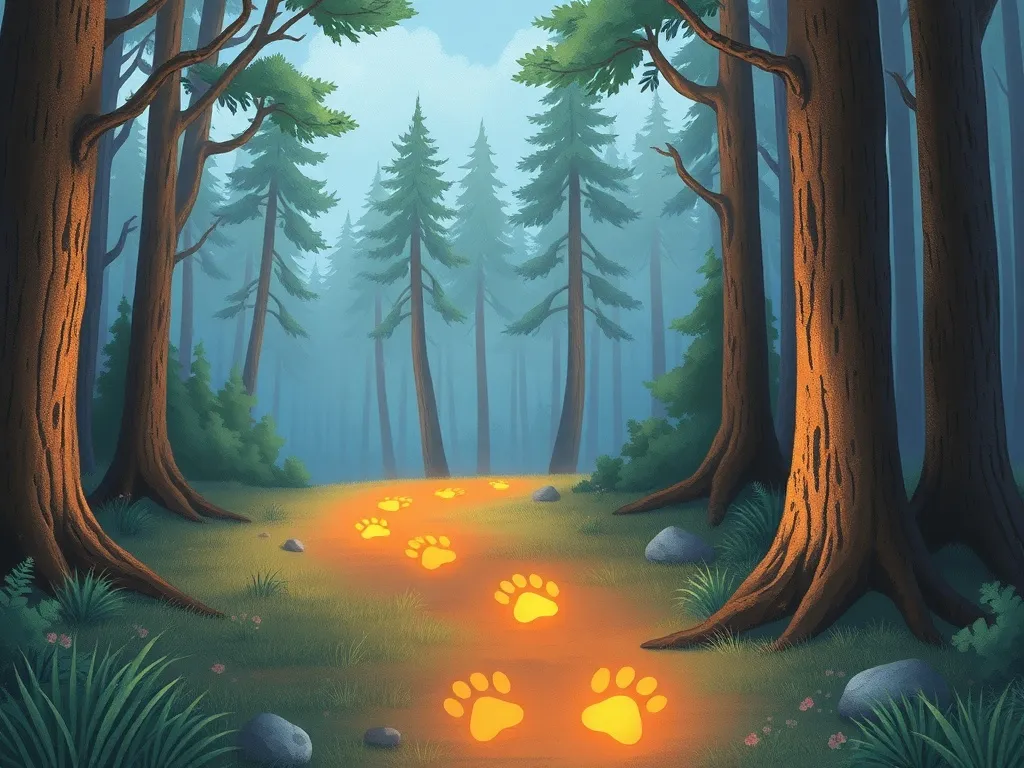The Rainbow Cat's Invention Workshop - Rainbow pawprints glowing in forest clearing