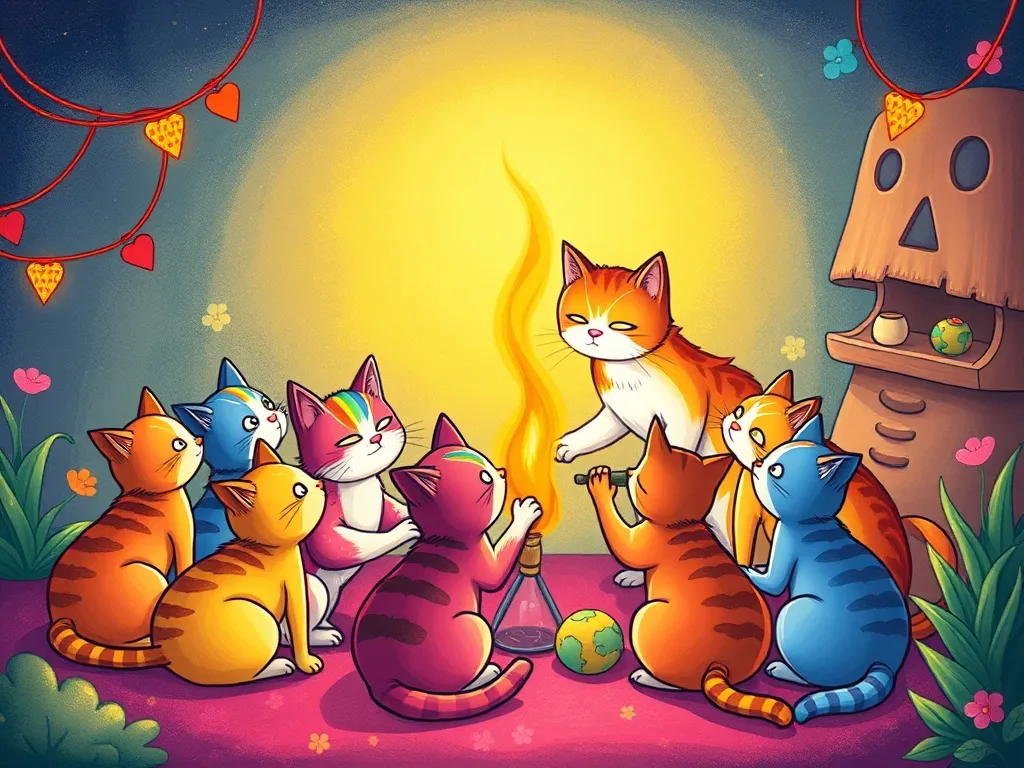The Rainbow Cat's Invention Workshop - Rainbow cats gathering around Luna's invention