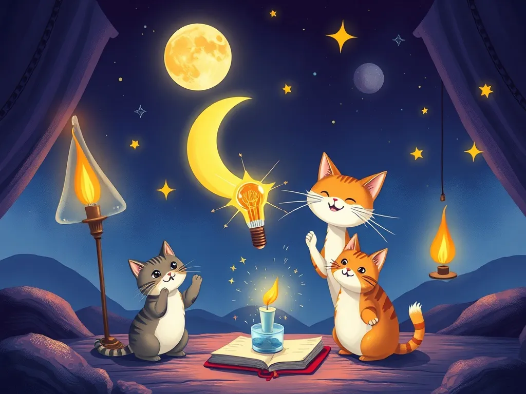 The Rainbow Cat's Invention Workshop - Luna and cats celebrating completed invention