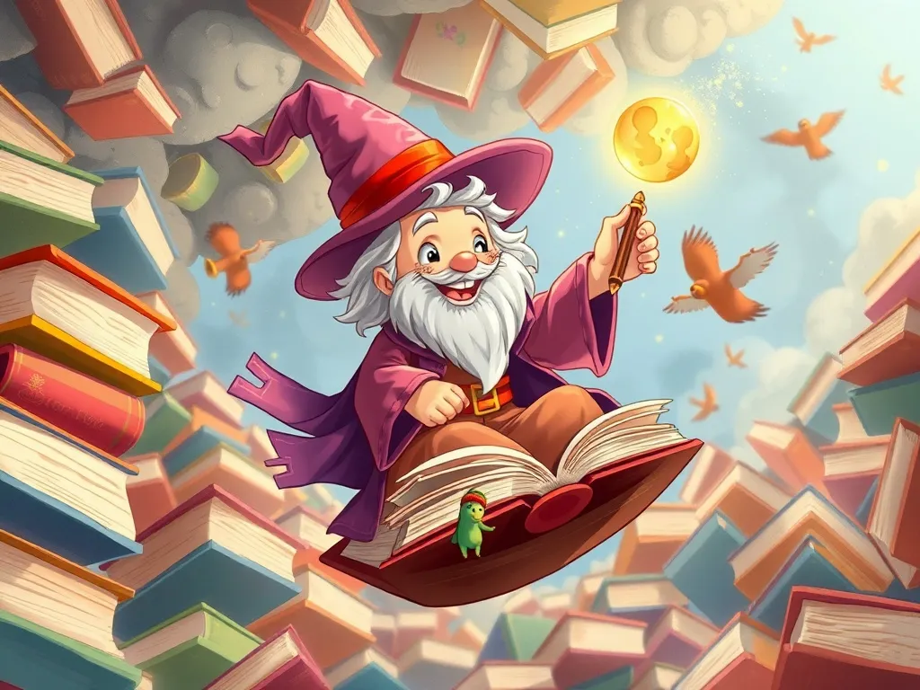 The Rainbow Unicorn's Garden Question - Young wizard floating among floating books