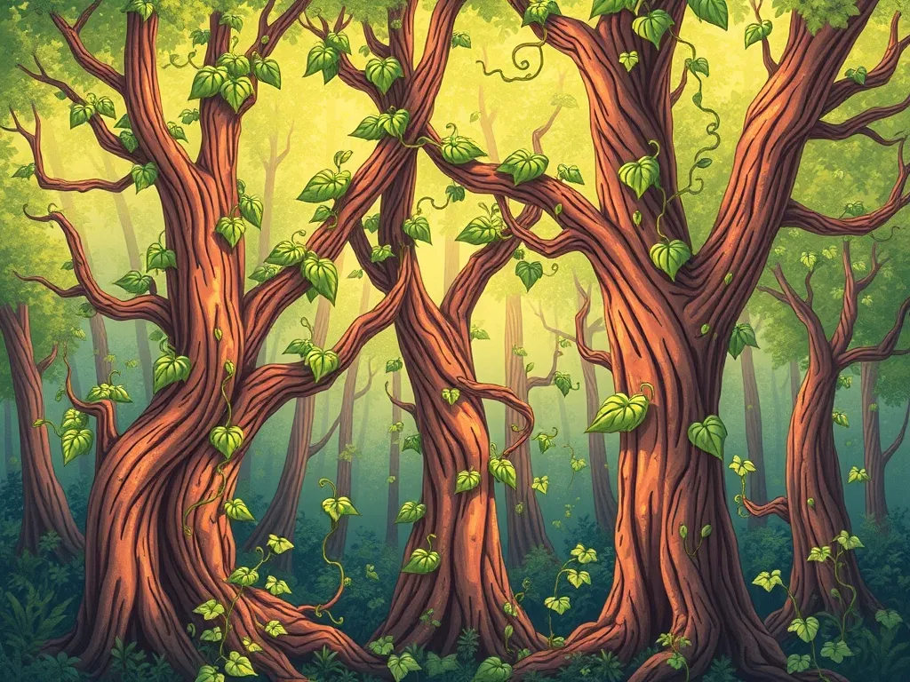 The Rainbow Unicorn's Garden Question - Magical vines overtaking forest trees