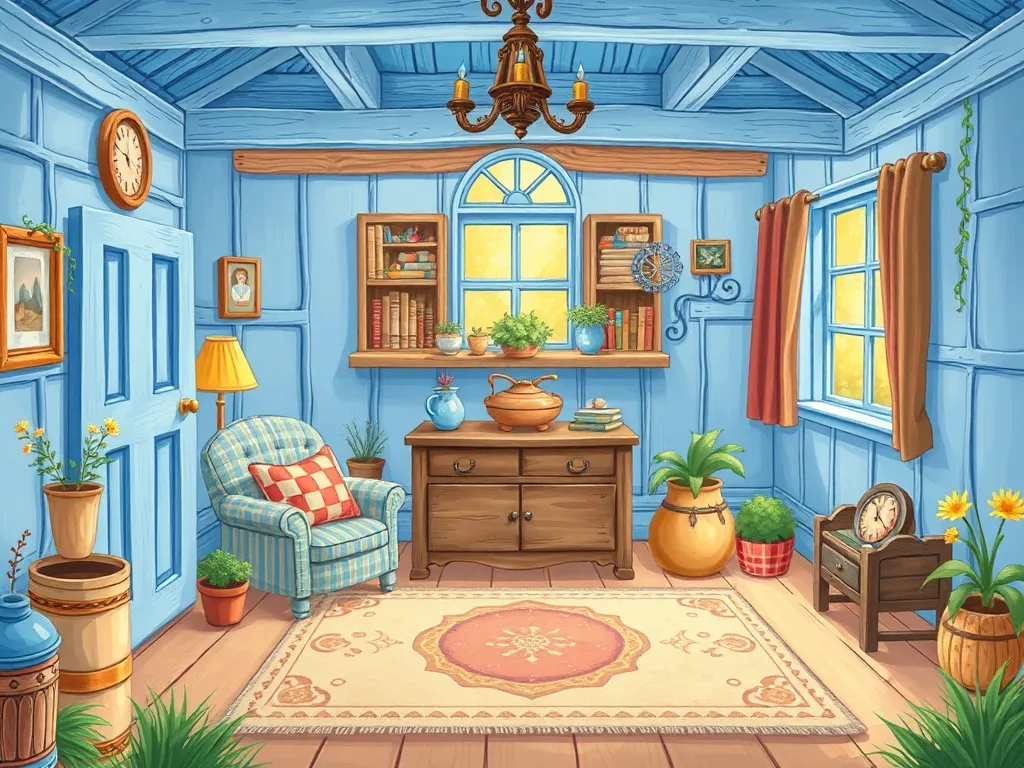 The Red Truck at Grandma's House - Cozy blue cottage living room with wooden chest
