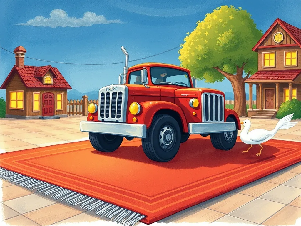 The Red Truck at Grandma's House - Red truck rolling across rug toward James