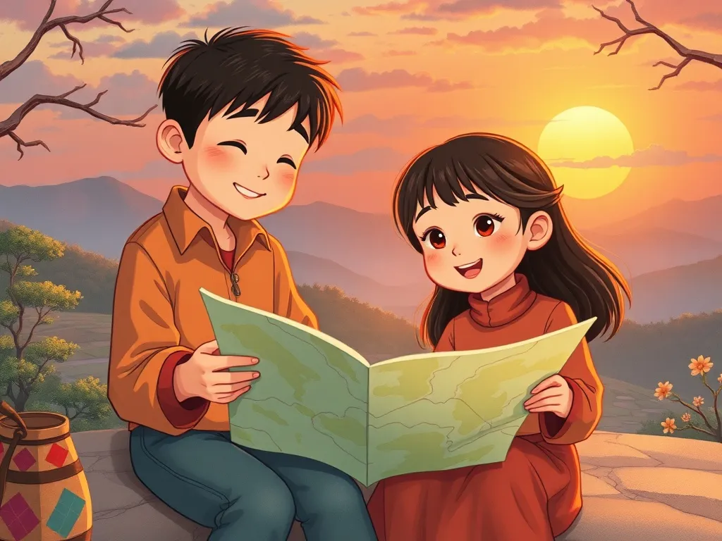 The Ruins That Taught Patience - Maya and Professor Chen studying maps together at sunrise