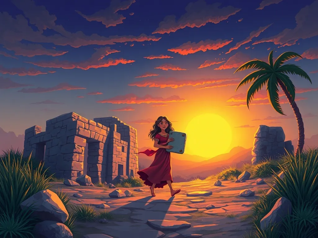 The Ruins That Taught Patience - Maya leaving ruins at sunset holding marker stone
