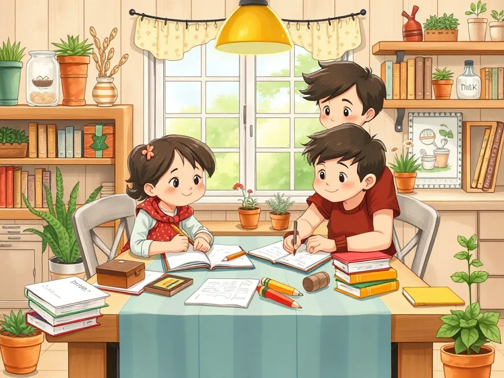 The Secret Passage and the Forgotten Fern - Mia and Leo planning at the kitchen table surrounded by books and gardening notes