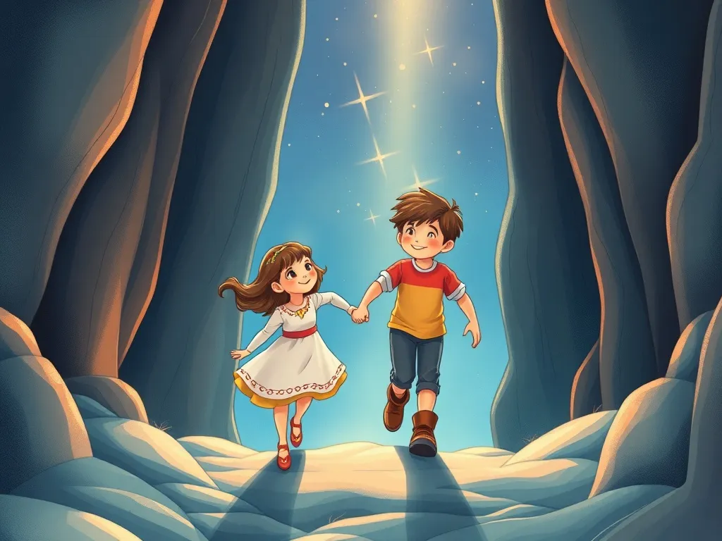 The Secret Passage and the Forgotten Fern - Mia and Leo holding hands as they descend into the glowing, echoing passage