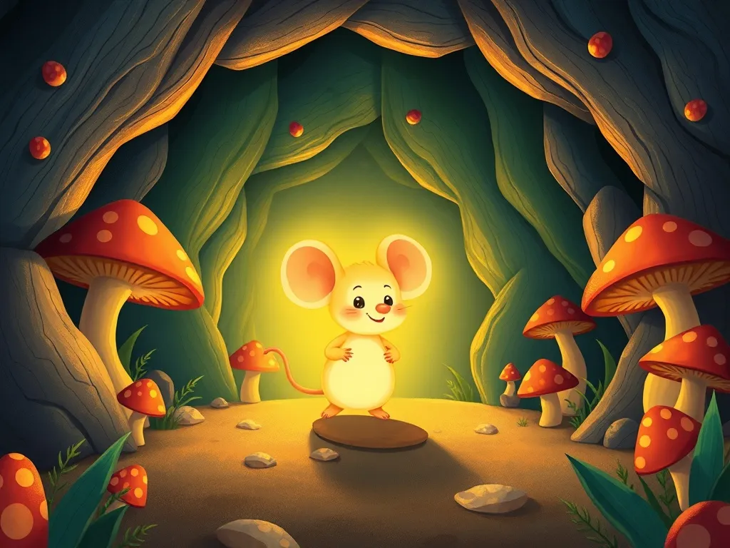 The Secret Passage and the Forgotten Fern - Pip the glowing mouse leading them through the mushroom-lit chamber