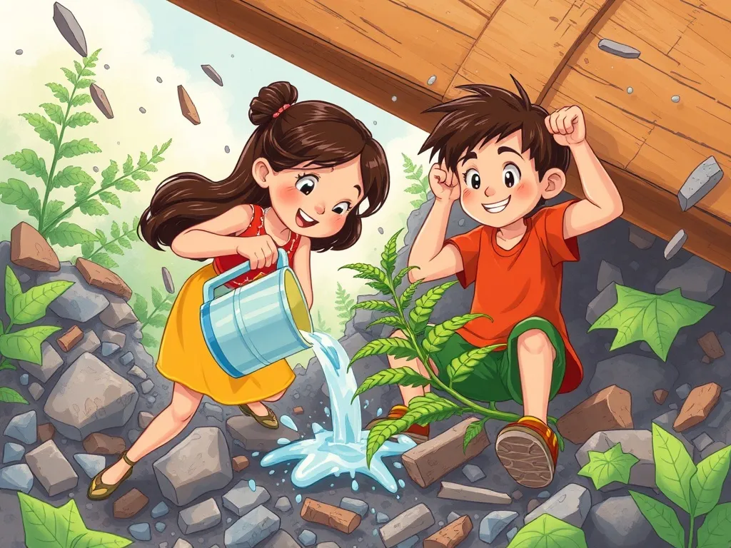 The Secret Passage and the Forgotten Fern - Mia pouring water onto the fern while Leo braces the beam as loose dust drifts around them