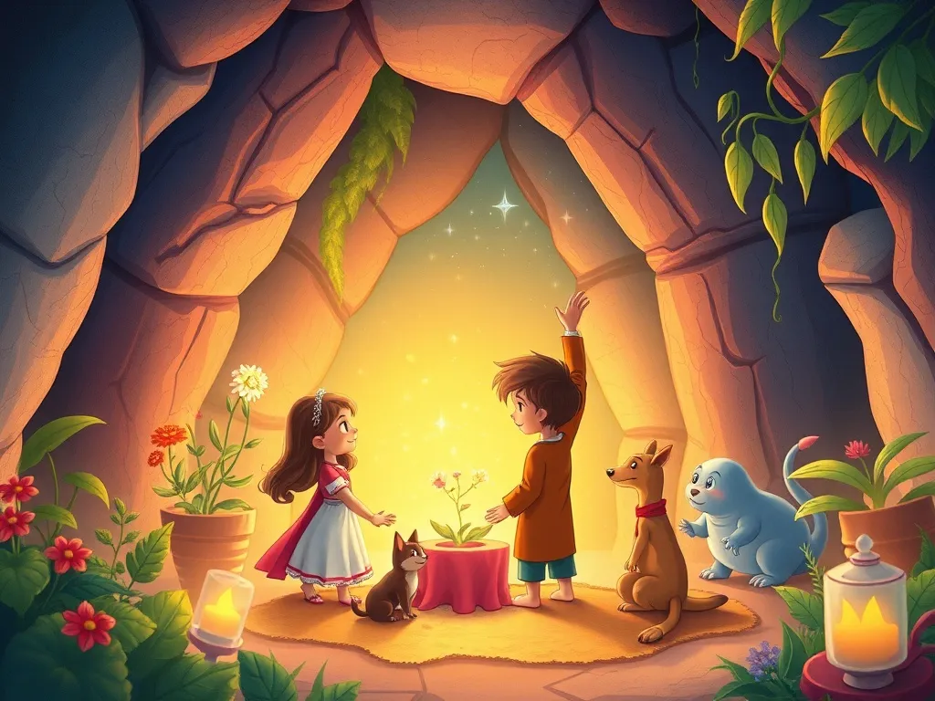 The Secret Passage and the Forgotten Fern - The transformed chamber glowing with magical plants as grateful creatures celebrate around Mia and Leo