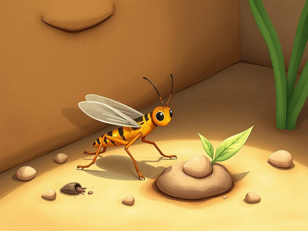 The Seed Who Learned to Share Sunshine - Cricket pausing beside seed in small shade patch