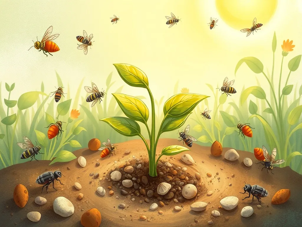 The Seed Who Learned to Share Sunshine - Young green seedling surrounded by busy insects and creatures