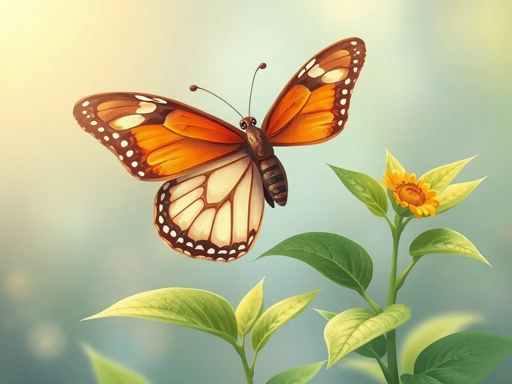 The Seed Who Learned to Share Sunshine - Butterfly with open wings resting on healthy young plant