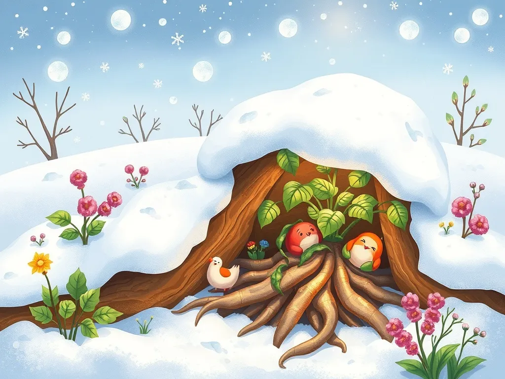 The Seed Who Learned to Share Sunshine - Snow-covered garden with life sheltering around sleeping plant's roots