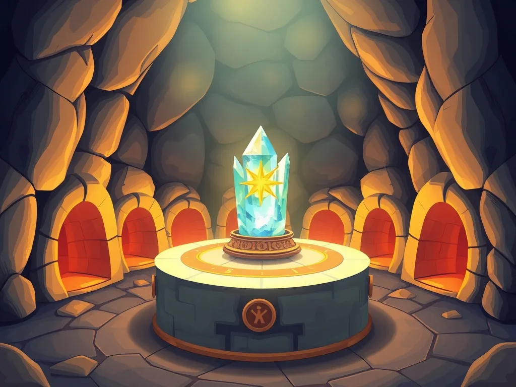 The Seven Chambers of Echo Cave - Crystal compass glowing on pedestal with seven tunnels