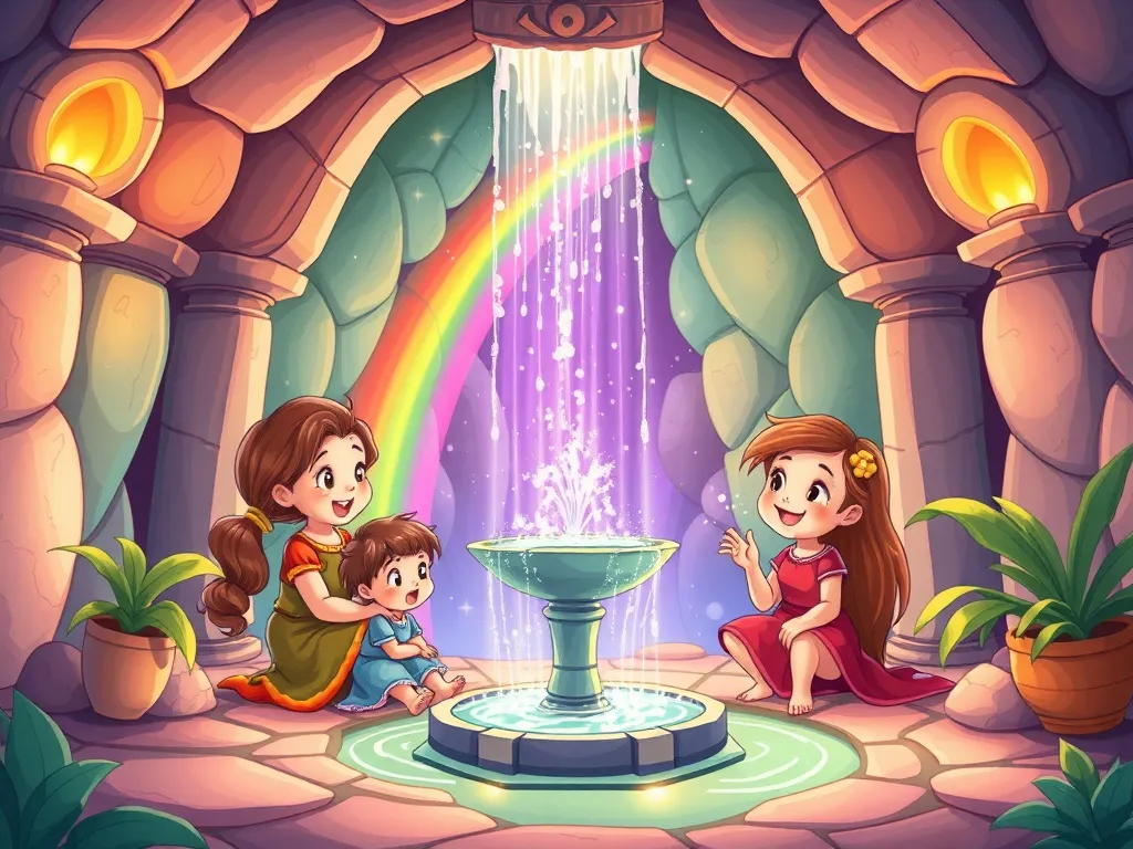 The Seven Chambers of Echo Cave - Three friends in rainbow-lit chamber with waterfall fountain