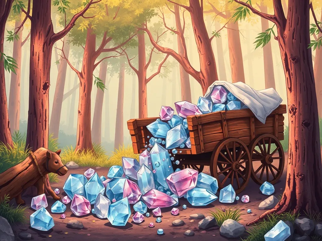 The Sharing Light: Bernie Bear's Magical Forest Journey - Crystals spilling from broken wagon into forest