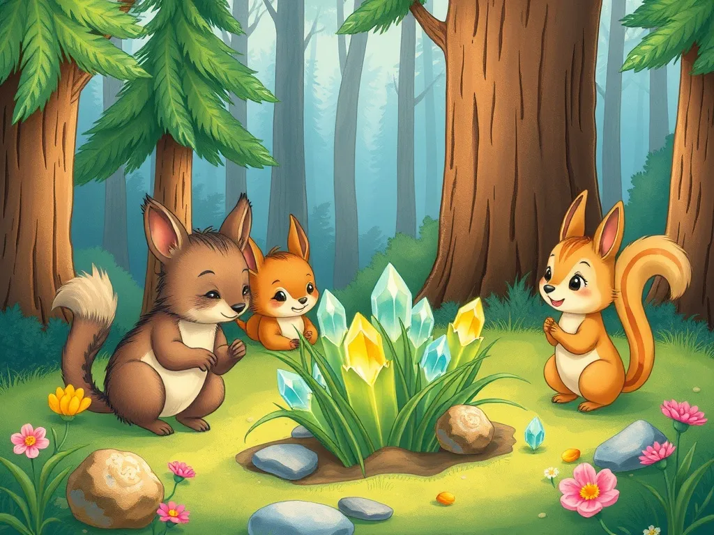 The Sharing Light: Bernie Bear's Magical Forest Journey - Bernie and forest animals planting crystal flowers