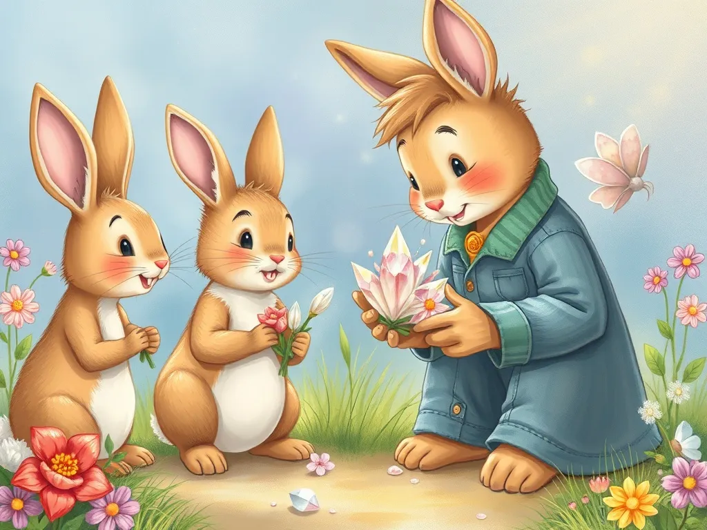 The Sharing Light: Bernie Bear&#x27;s Magical Forest Journey - Bernie carefully sharing crystal flowers with rabbit family