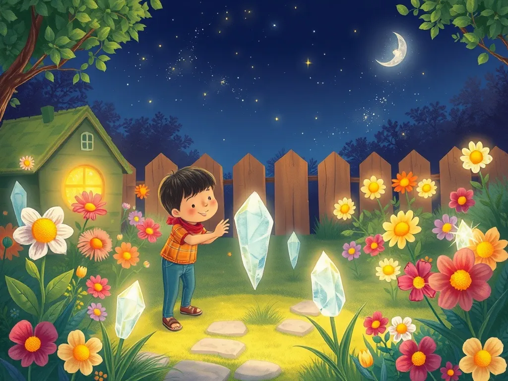 The Sharing Light: Bernie Bear's Magical Forest Journey - Bernie's garden glowing with shared crystal flowers