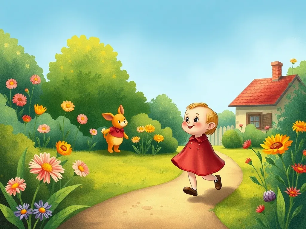 The Sharing Tree: Pip's Special Treasure - Pip tiptoeing through garden with Lucy in background