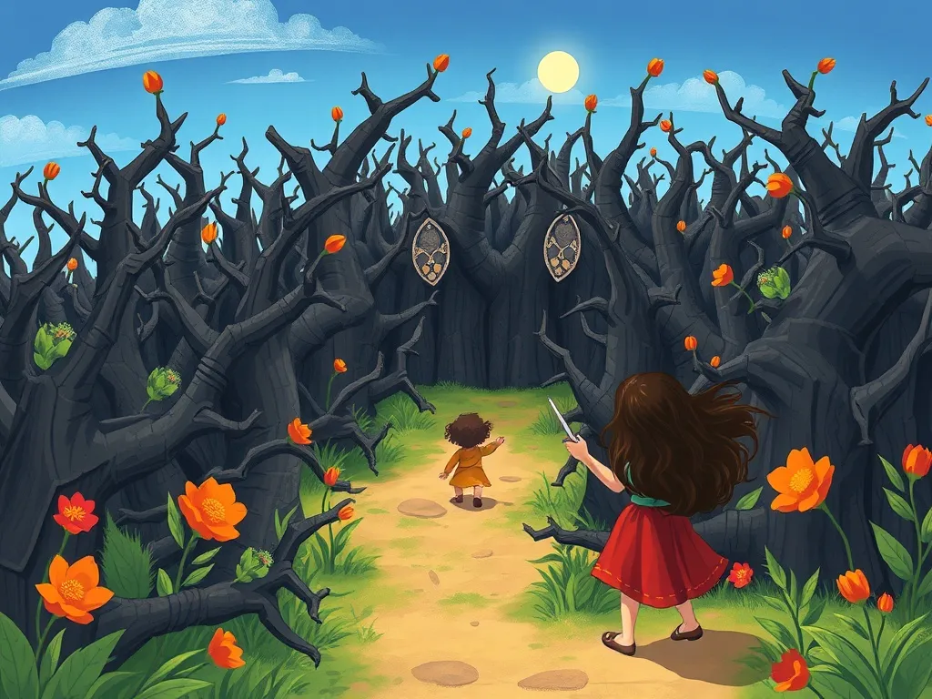 The Silver Bell and the Unchanging Heart - Mira entering a tall shadowy willow maze