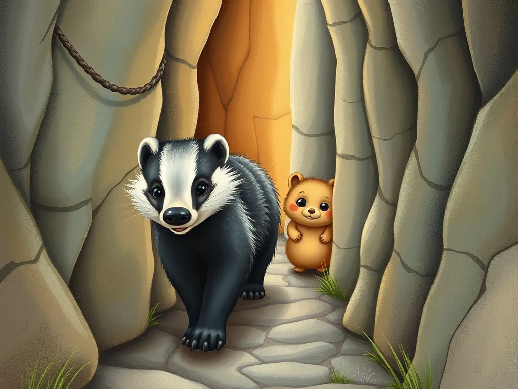 The Silver Bell and the Unchanging Heart - Silver-streaked badger leading Mira through narrow passages